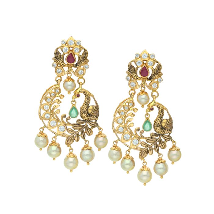 Buy 22k gold pearl cradle peacock chandbali earrings Online from ...
