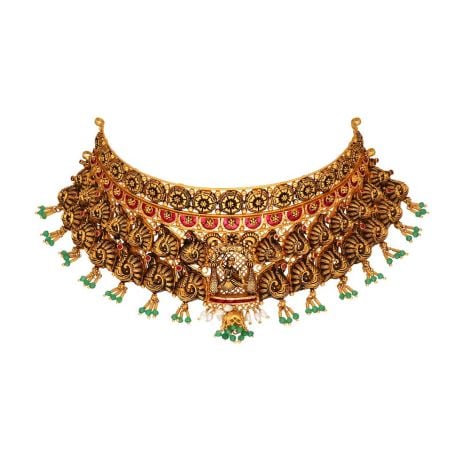 123VG7889 | 22Kt Gold Traditional Dancing Lady With Peacock Design Antique Choker 123VG7889