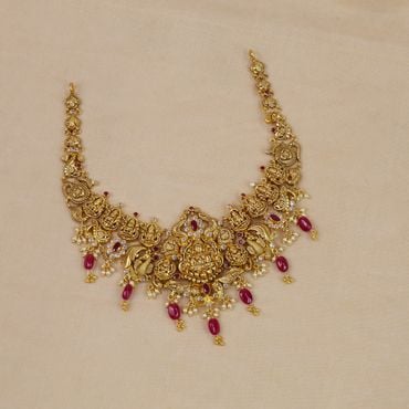 10VH178 | 22Kt Gold Lakshmi Devi Necklace With Ruby Pearl Hangings 10VH178
