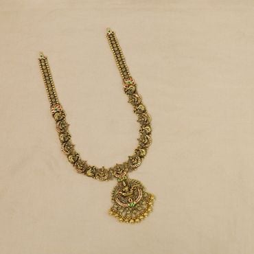 130VG336 | 22Kt Antique Lakshmi Chandbali Design Long Gold Haram 130VG336
