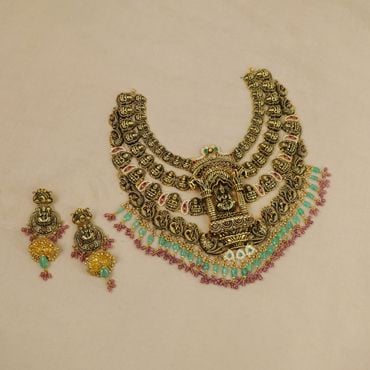 123VG9055-135VG6675 | 22Kt Ornate Lakshmi Antique Gold Necklace Set  For Wedding 123VG9055