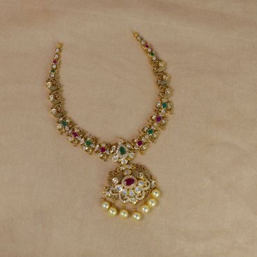 110VG7934 | 22Kt Gold Pachi Ruby Emerald Peacock Necklace 110VG7934