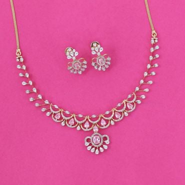 484VA613-485VA1991 | 14Kt Pretty Pink Stone Diamond Necklace Set 484VA613