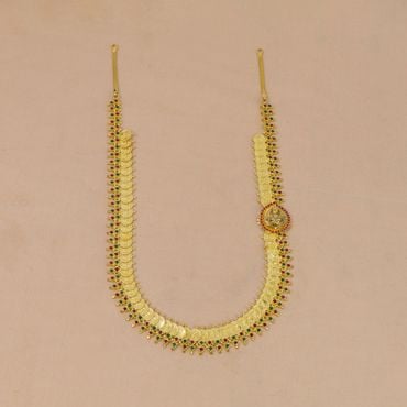 20VG5029 | 22Kt Traditional Lakshmi Kasula Haram With Ruby Emeralds 20VG5029