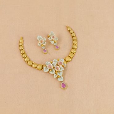 129VG561-136VG378 | 22Kt Antique Gold Floral Kundan Necklace Set 129VG561-136VG378