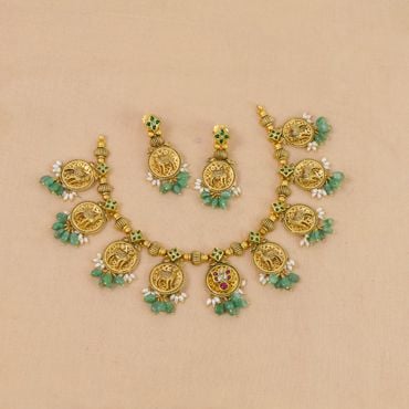 129VG610-136VG414 | 22Kt Antique Gold Kundan Necklace Set With Cow Motifs 129VG610-136VG414