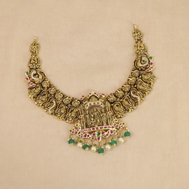 129VG635 | 22Kt Gold Antique Peacock & Ram Parivar Kundan Necklace 129VG635