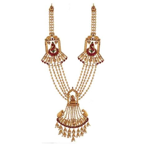 557VA122 | Vaibhav Jewellers 22K Antique Gold Temple work Haram 557VA122