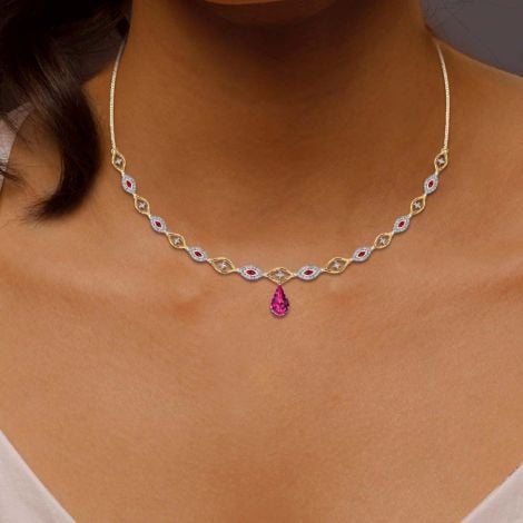 471DG31 | 14K Diamond Bejewelled Small Necklace with Rose Pink Droplet Pendant 471DG31