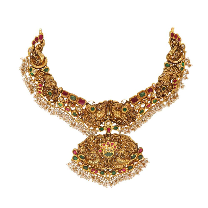 22K Gold Uncut Diamond Necklace & Drop Earrings set with  Rubies,Emeralds,Pearls & Beads - 235-GS549 in 170.000 Grams