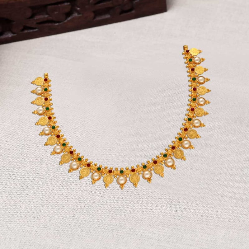 Ram Parivar Gold Coin Necklace Temple Jewellery Ruby and Emerald Kasumalai  NL24208
