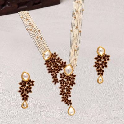129JG425-136JG302 | 22Kt Gold Antique Kundan Floral Kanti Necklace With Matching Earrings 129JG425
