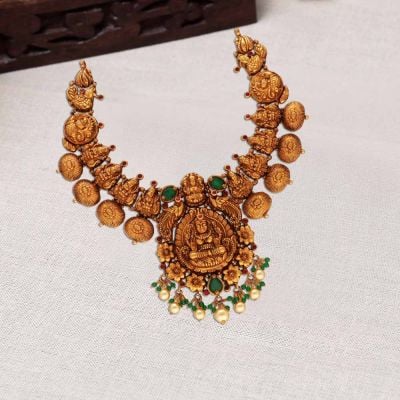 123VG8292 | 22Kt Nakshi Lakshmi Pendant Antique Gold Necklace With Geru Polish 123VG8292