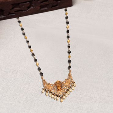 127VG4709-223VG1965 | 22Kt Gold Antique Style Gaja Lakshmi Pendant Black Beads Mala 127VG4709