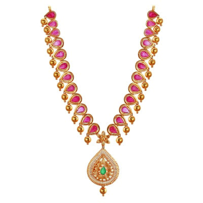 110VG2594 | Raindrop Beaded Ruby Precious Stone Gold Necklace