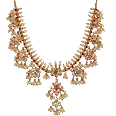 110VG2612 | Flower Cluster Precious Stone Gold Necklace