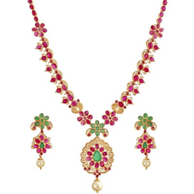 110VG2238 | Floral Emerald Ruby Gold Necklace Set