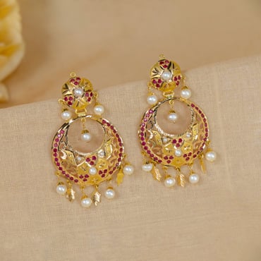 Rubans Peacock Gold Jhumka with Matte Finish and Golden Beads Hanging