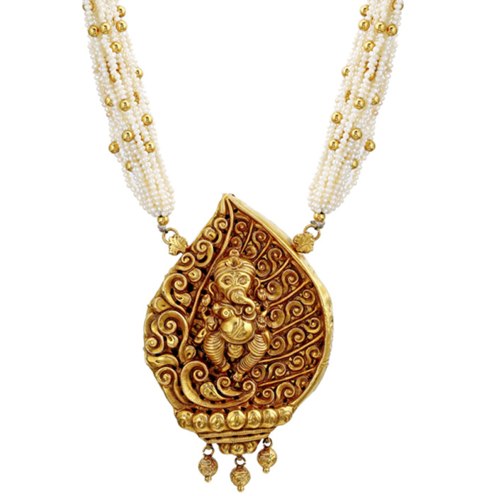 Pearl Cluster Ganesha Antique Gold Necklace
