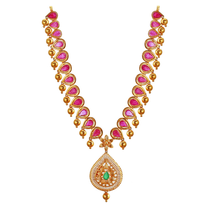 Raindrop Beaded Ruby Precious Stone Gold Necklace