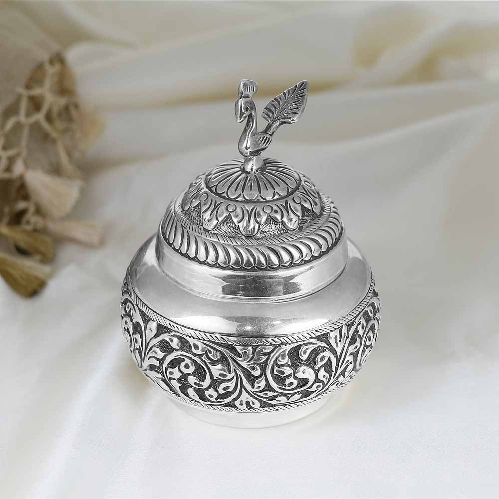 Silver Decor 3 Inch Bowl with Spoon Gift Box - ereturngifts - Medium