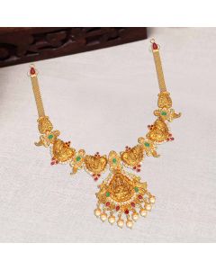 10VG7978 | 22Kt Plain Gold Semi Precious Stone Lakshmi Peacock Necklace 10VG7978