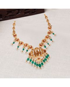 110VG7529 | 22Kt Ram Parivar Gold Necklace With Ruby Emeralds 110VG7529