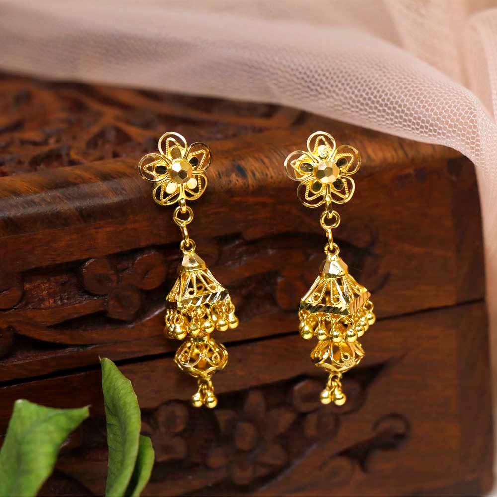 22K Gold Hoop Earrings - Jhumkas (Buttalu) - Gold Dangle Earrings With  Color Stones (Temple Jewellery) - 235-GJH2406 in 14.450 Grams