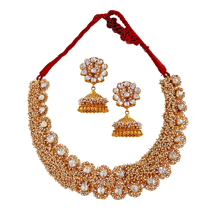 Harmonious Pearl-Cluster Gold Necklace Set_1