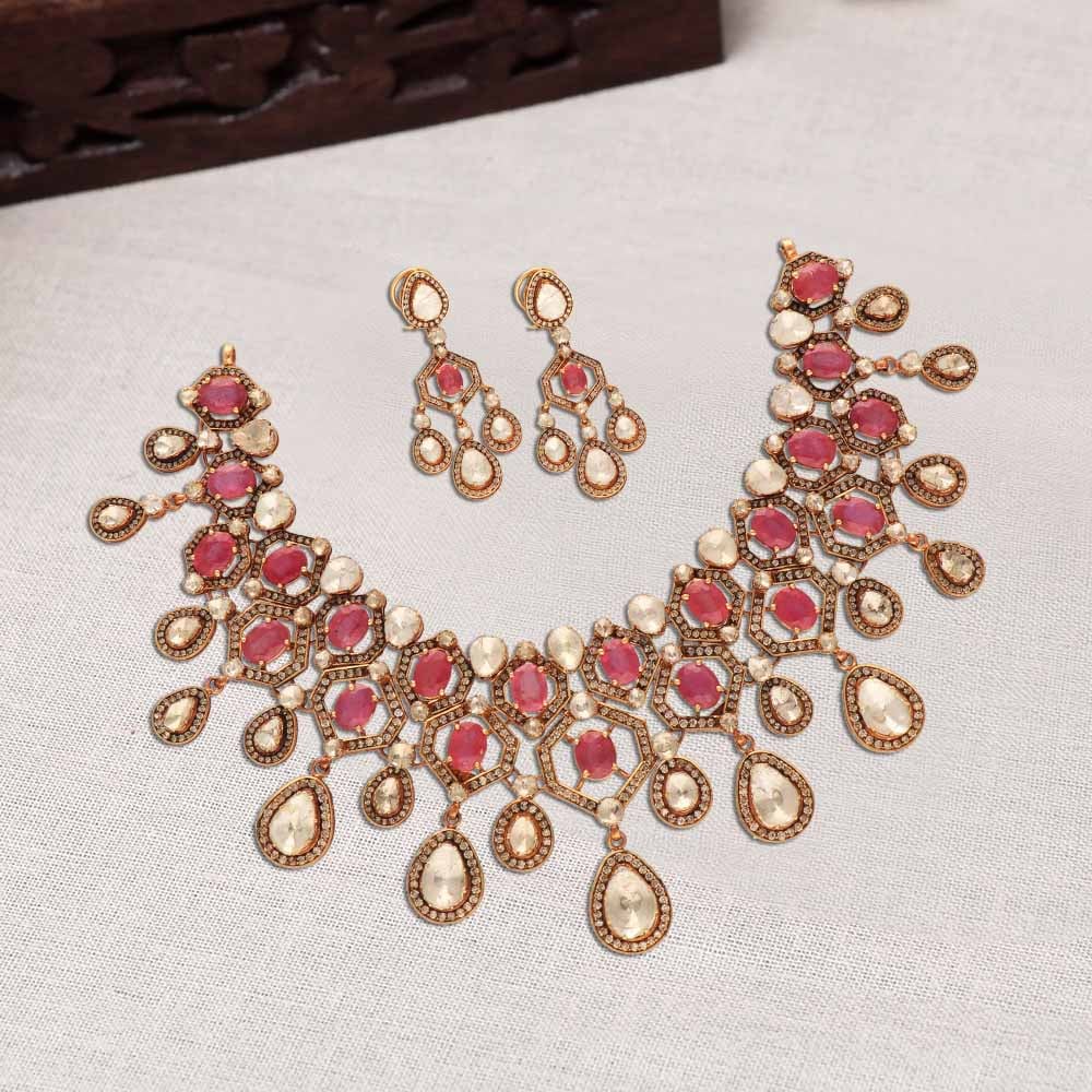 Red Stone Uncut Diamond Necklace Set - Runjhun Jewellery - 305271