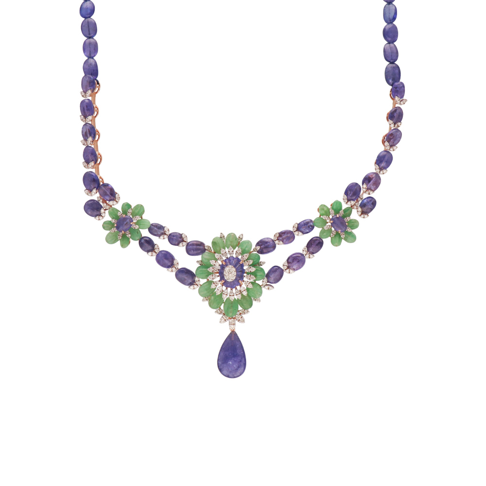 Gold polish pearls, amethyst & jade beads chain with kundan & emerald –  House of Taamara