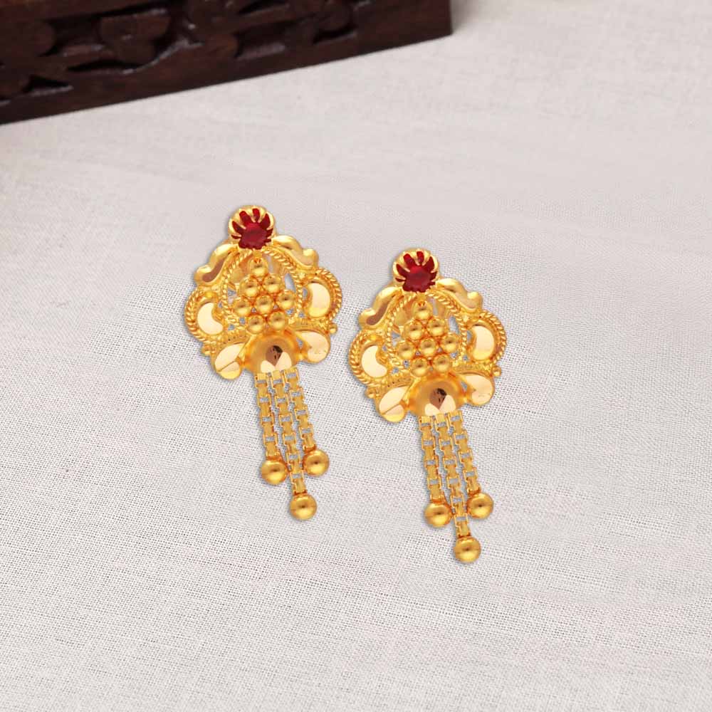 22Kt Long Gold Earring - ErLn6179 - 22k Gold long earring with very unique  design and multi chandelier on it. Earring has also diamond c