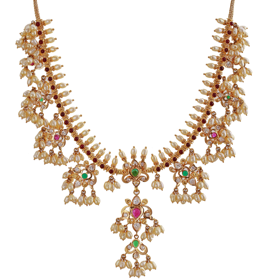 Flower Cluster Precious Stone Gold Necklace_1