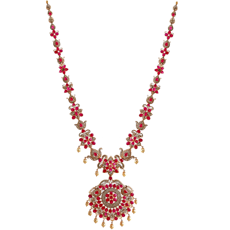 Charming Ruby and Pearls Precious Gold Necklace