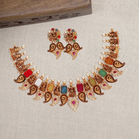 18k Gold and Diamond Polki Necklace Set With Navratna Melons And Pearl – G.  K. Ratnam