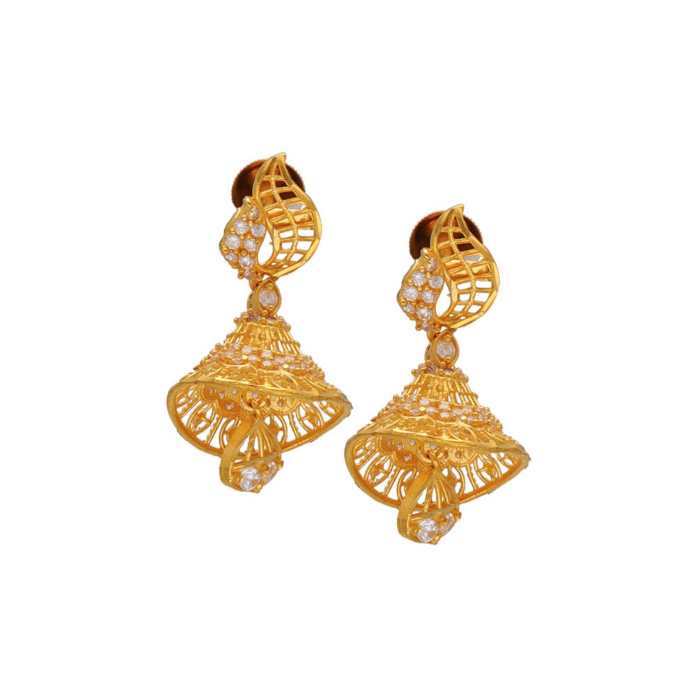 22K Gold Jhumkas (Buttalu) - Gold Dangle Earrings with Cz ,Color Stones &  South Sea Pearls - 235-GJH2267 in 39.000 Grams