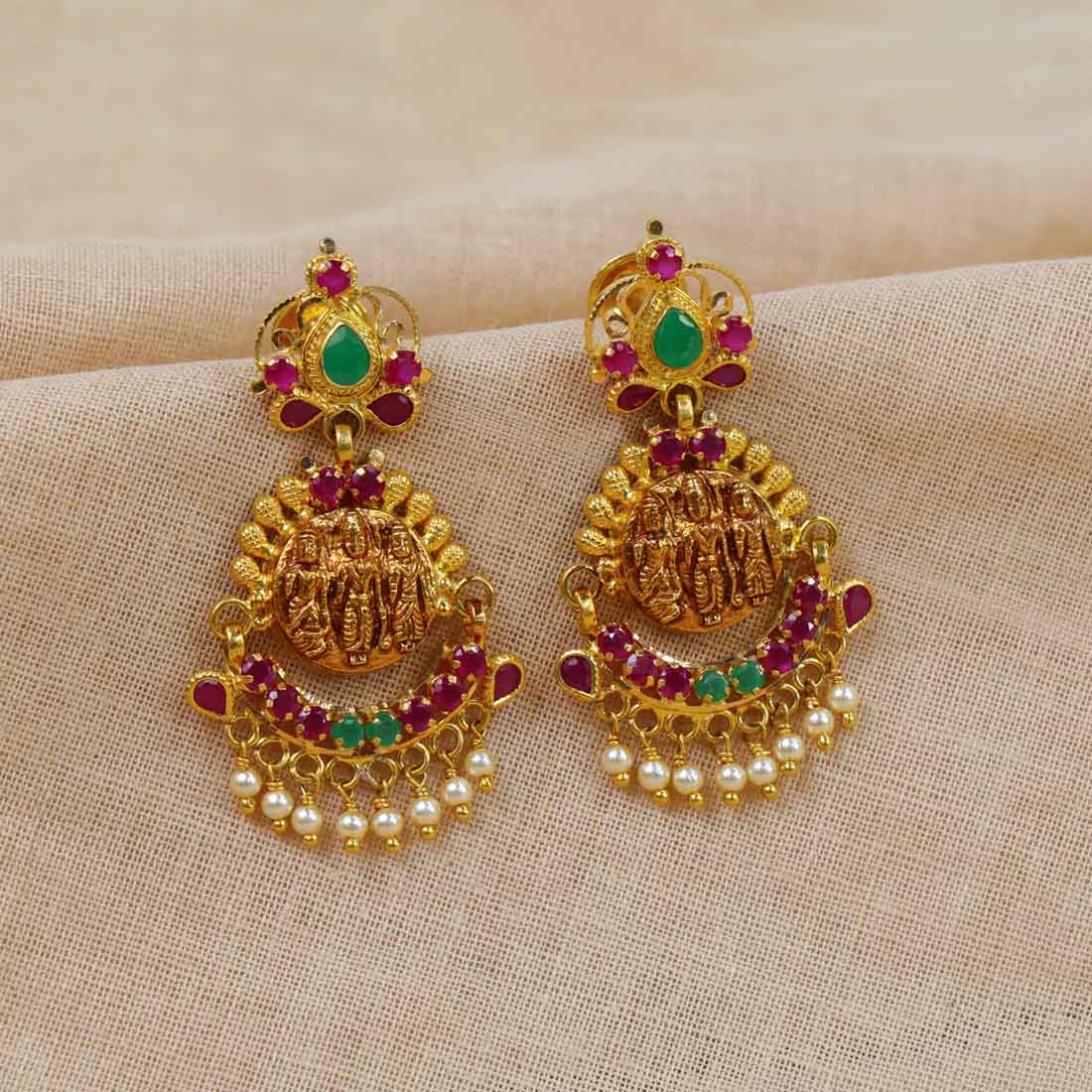 Gold Finish Earrings | Flower Design Earrings - South India Jewels